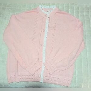 Feminine Soft pink cardigan sweater with white lace trim XXL